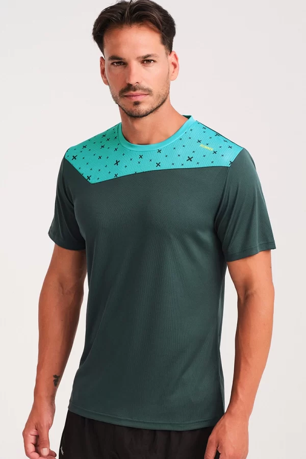 Maglia running tecnica manica corta Runnek Kross verde dark pro e turchese neon 01
