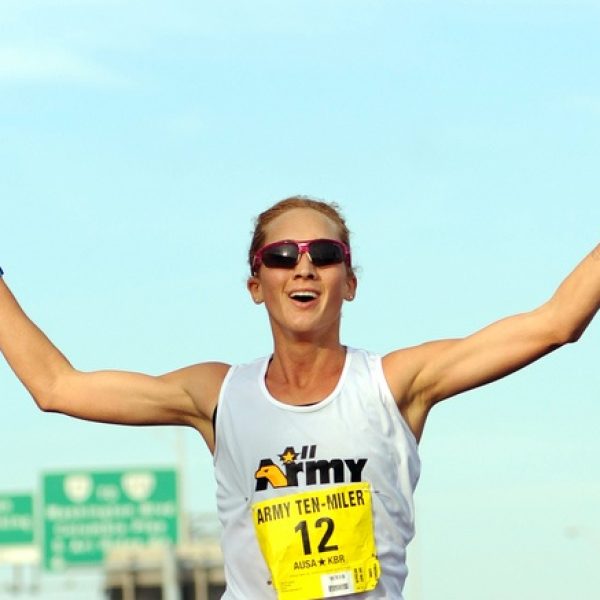 U.S. Army World Class Athlete Program runner Capt. Kelly Calway of Fort Carson, Colo., finishes second among women in the 2010 Army Ten-Miler with a time of 57 minutes, 10 seconds on Oct. 24 at the Pentagon. U.S. Army photo by Tim Hipps, FMWRC Public Affairs
